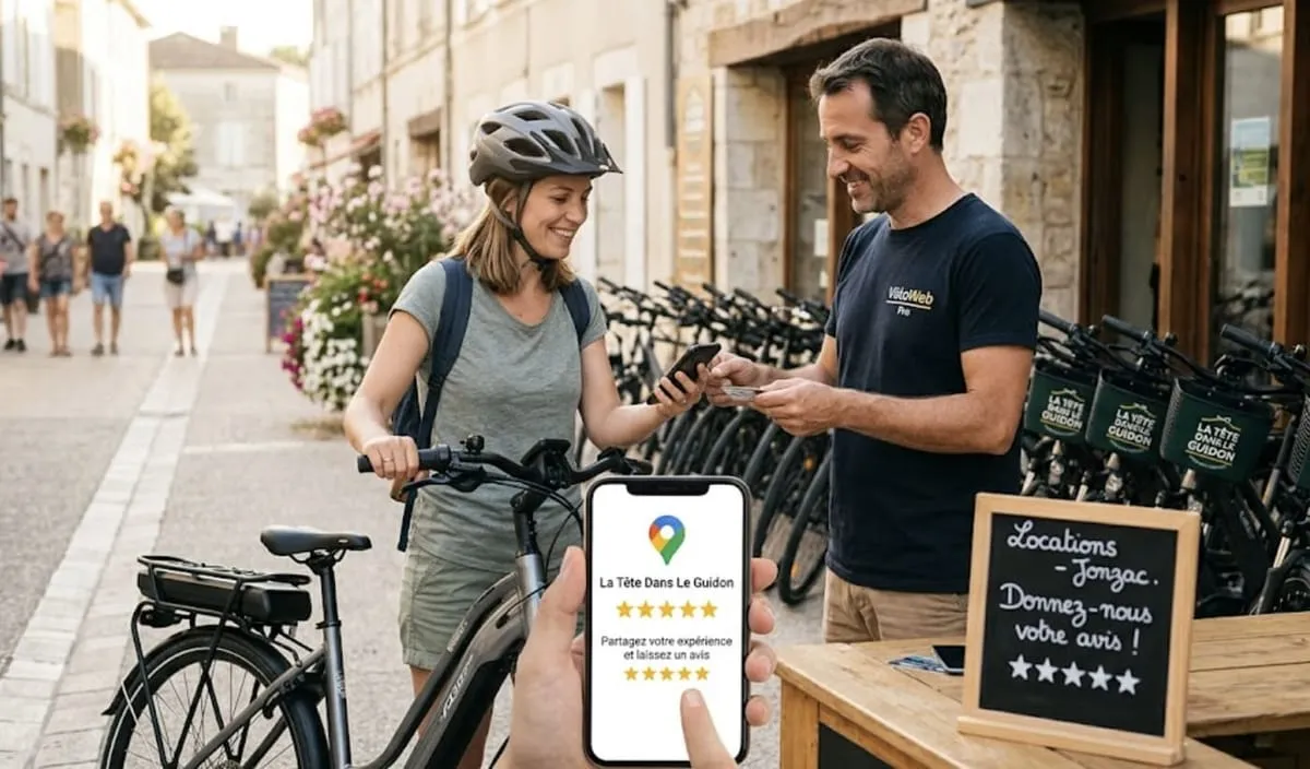 Loueur de vélos consultant ses avis Google sur son téléphone