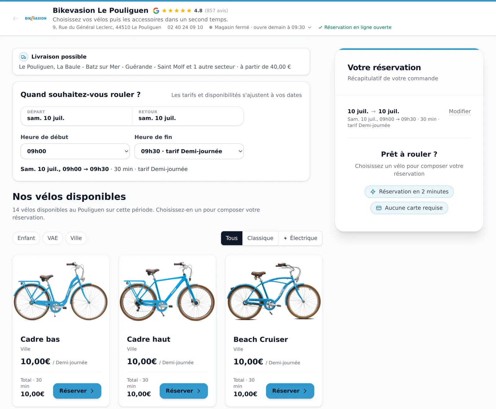 Boutique de réservation en ligne de Bikevasion : choix de l’heure de début et de l’heure de fin avec le tarif demi-journée, vélos de ville à partir de 10 € la demi-journée