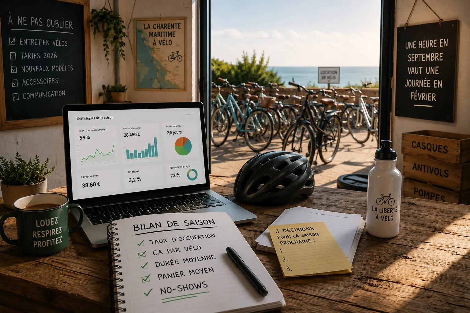 Bilan de saison d’un loueur de vélos : carnet listant le taux d’occupation, le CA par vélo, la durée moyenne, le panier moyen et les no-shows, tableau de bord de statistiques et flotte de vélos en arrière-plan