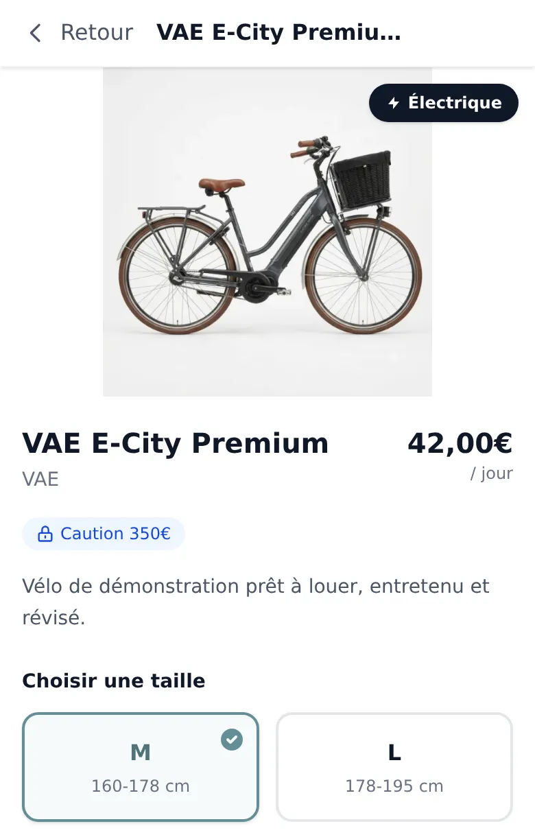 Boutique de démo sur smartphone : fiche du VAE E-City Premium, 42 € par jour, caution de 350 €, choix de la taille M ou L