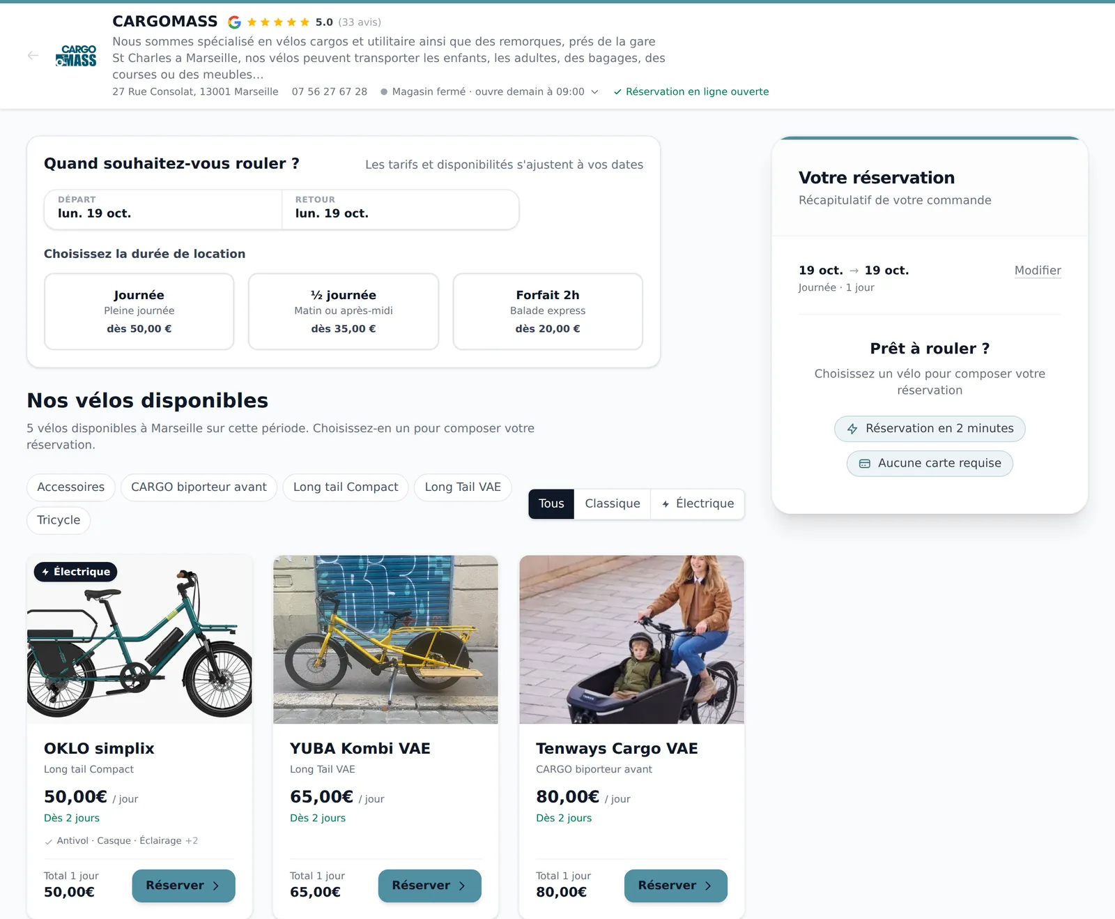 Boutique de réservation en ligne de Cargomass : formules journée, demi-journée et 2 h, vélos cargos longtail et biporteur avec leur prix à la journée