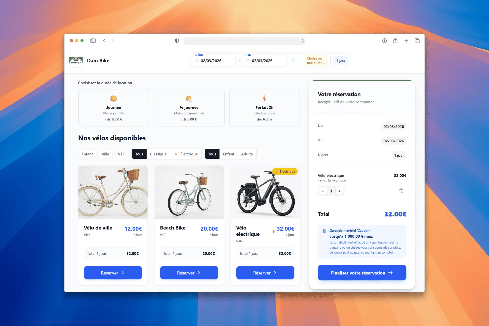 Boutique de réservation de vélos en ligne VéloWebPro — catalogue, durées de location et récapitulatif de commande côté client