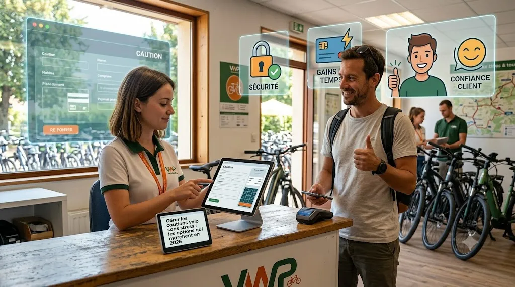 Comptoir d’un loueur de vélos en plein rush d’été, bon de location et empreinte de caution
