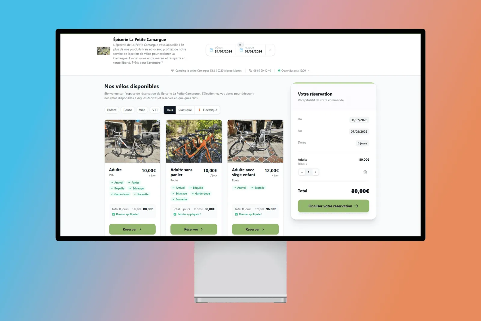 Boutique de réservation en ligne de l’Épicerie La Petite Camargue — vélos ville, route et enfant avec accessoires inclus et remise à la semaine