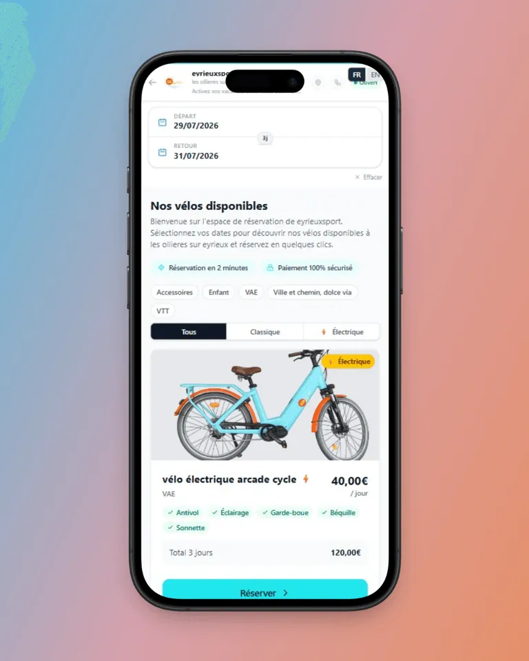 Tunnel de réservation d’Eyrieux Sport sur mobile — choix des dates, catalogue filtré par catégorie et total calculé pour 3 jours