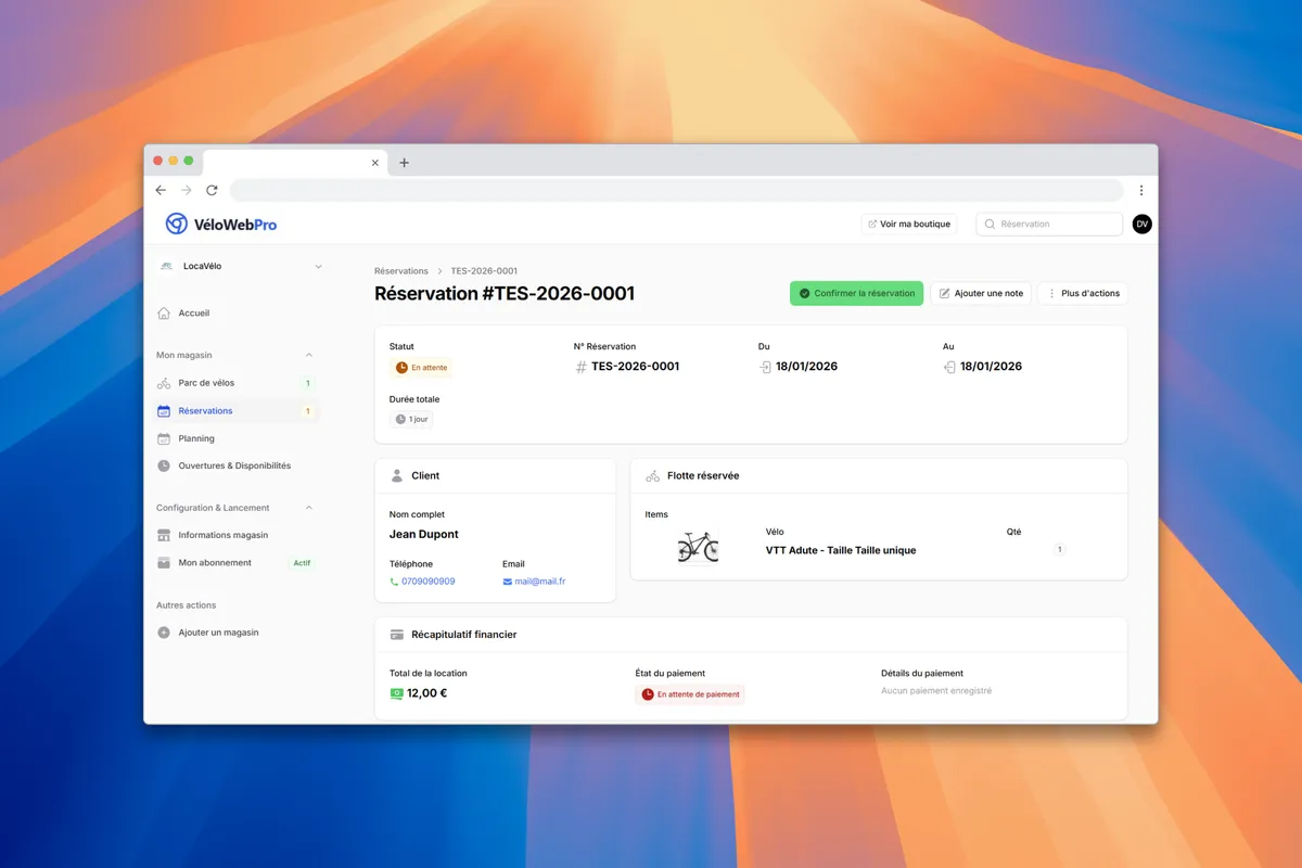 Gestion des paiements et commandes - Interface VéloWebPro