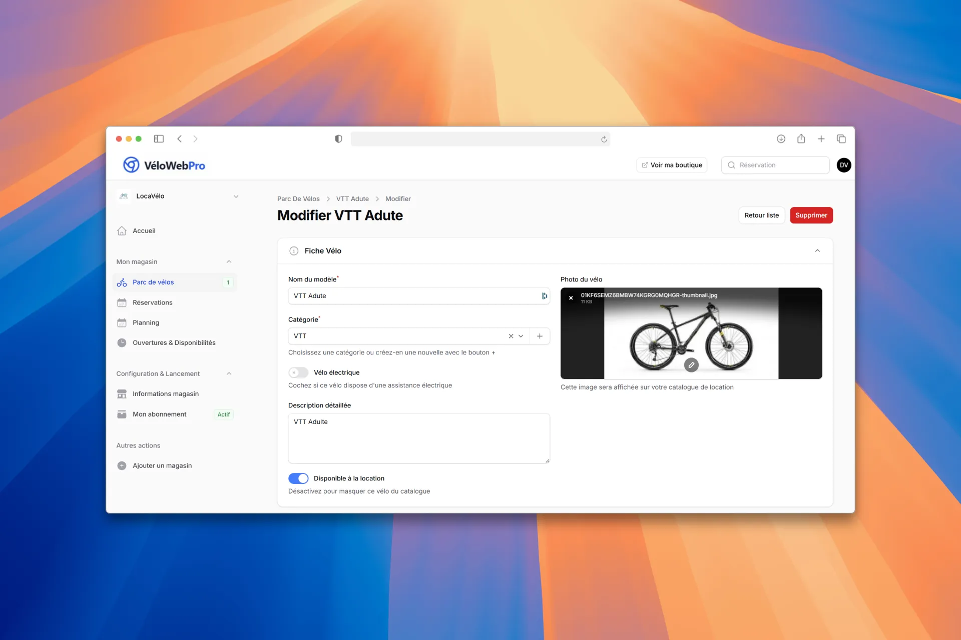 Gestion de flotte vélo VéloWebPro — fiches produit avec variantes et suivi par numéro de parc
