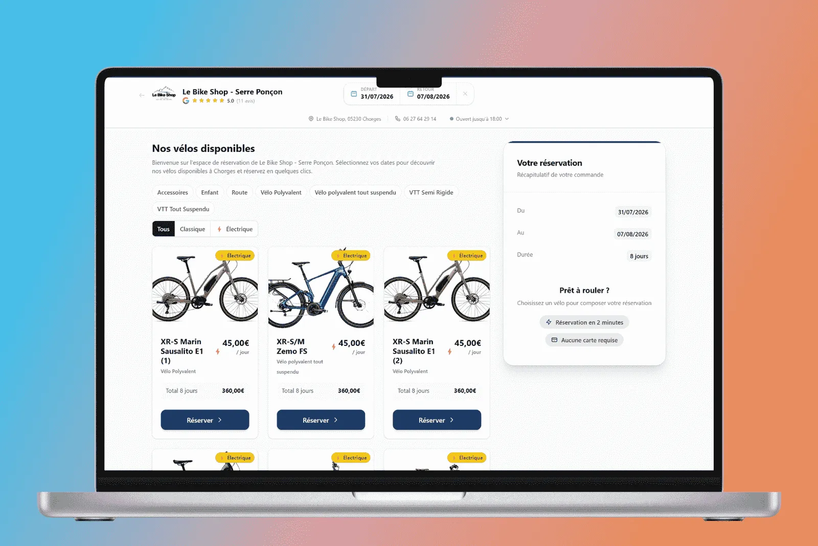 Boutique de réservation en ligne du Bike Shop — catalogue de VTT électriques par catégorie avec tarifs