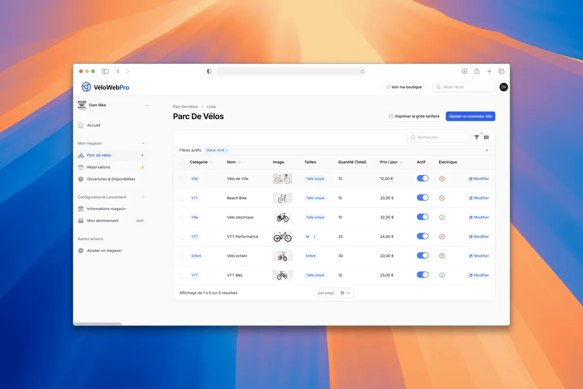 Liste des vélos et VAE du catalogue — interface de gestion de flotte VéloWebPro avec modèles, tailles et tarifs