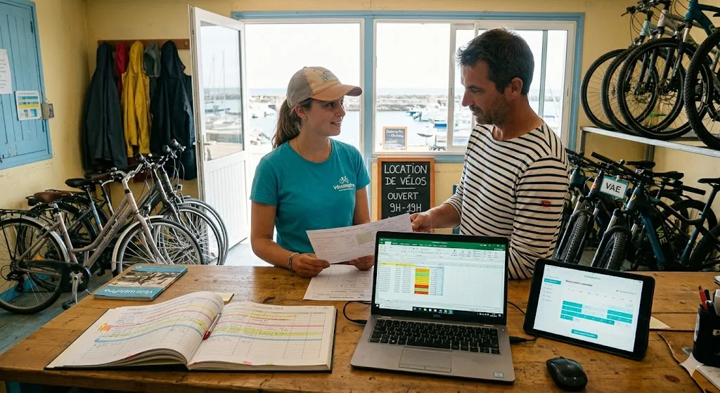 Loueur de vélos comparant un cahier de réservation, un fichier Excel et un logiciel en ligne