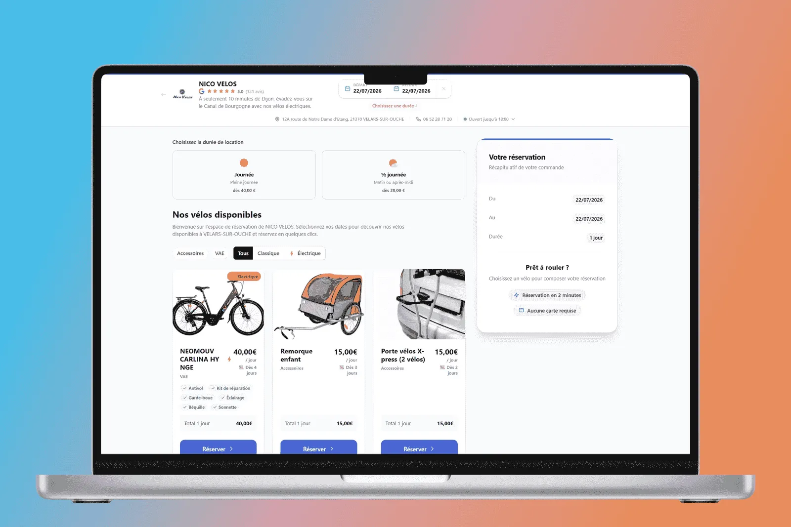 Boutique de réservation en ligne de Nico Vélos — VAE, remorque enfant et porte-vélos avec tarifs
