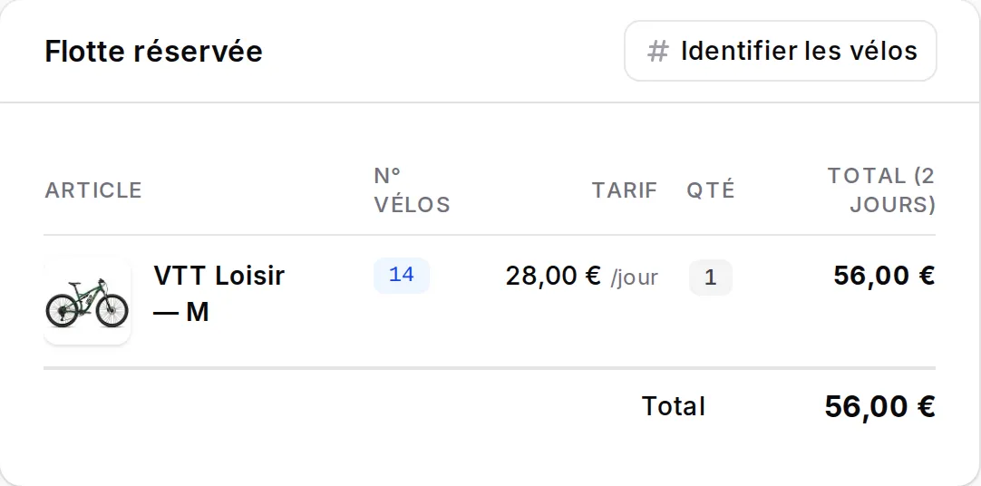 Réservation ouverte au comptoir dans la démo : VTT Loisir taille M, vélo numéro 14, 28 € par jour pendant 2 jours, total 56 €
