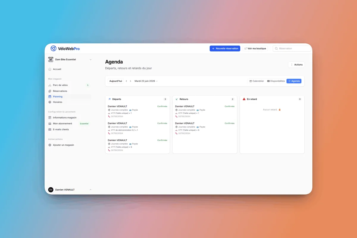 Agenda du jour synchronisé — départs, retours et retards des locations de vélos sur VéloWebPro
