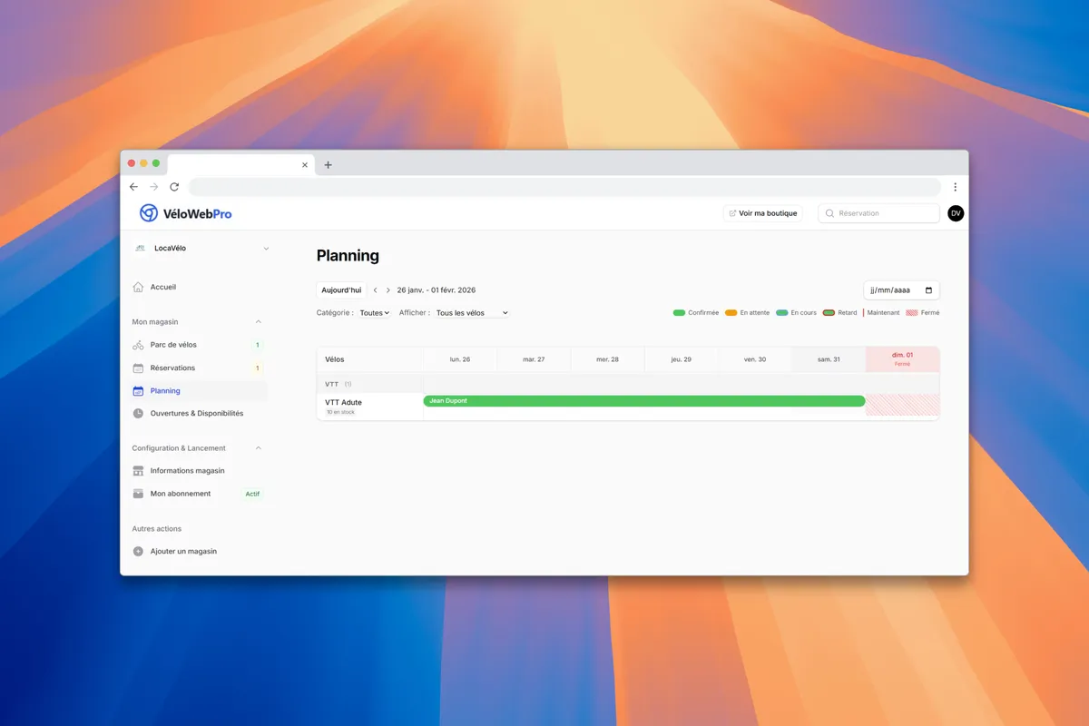 Planning de réservation de vélos - Vue calendrier du logiciel VéloWebPro