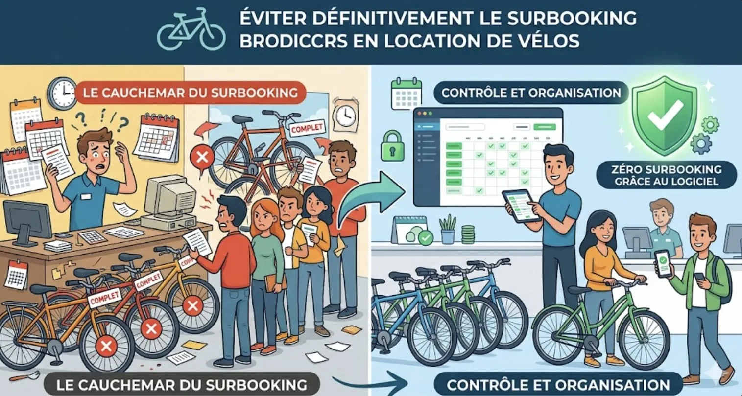 Planning de location de vélos montrant un conflit de réservation surbooking