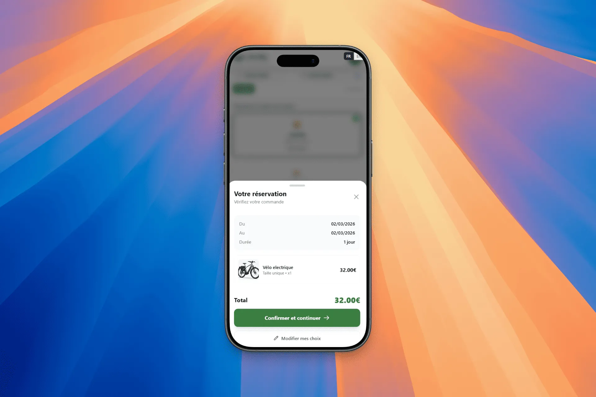 Tunnel de réservation de vélo sur mobile — récapitulatif de commande et confirmation par le client