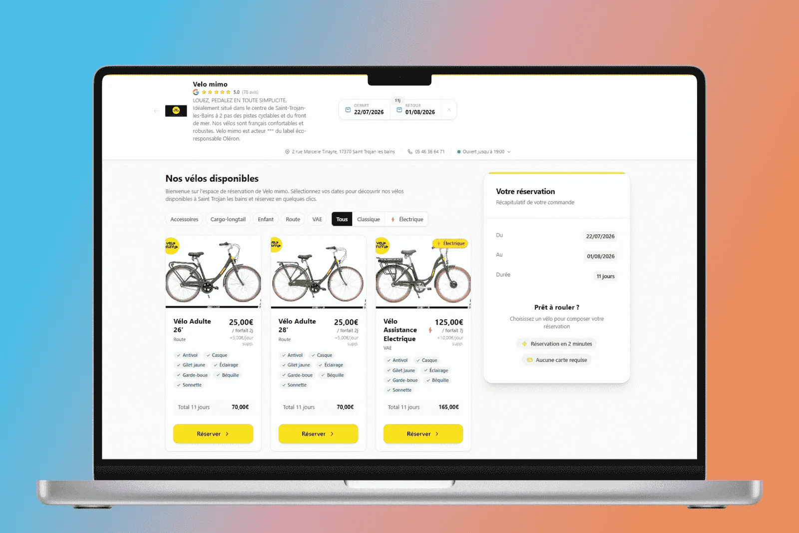 Boutique de réservation en ligne de Vélo Mimo — catalogue de vélos, tarifs et sélection de dates