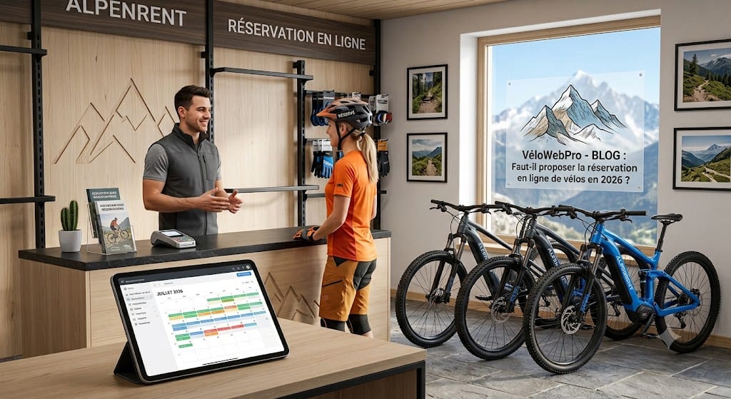 Loueur de vélos consultant son planning de réservations en ligne pendant que des clients patientent au comptoir