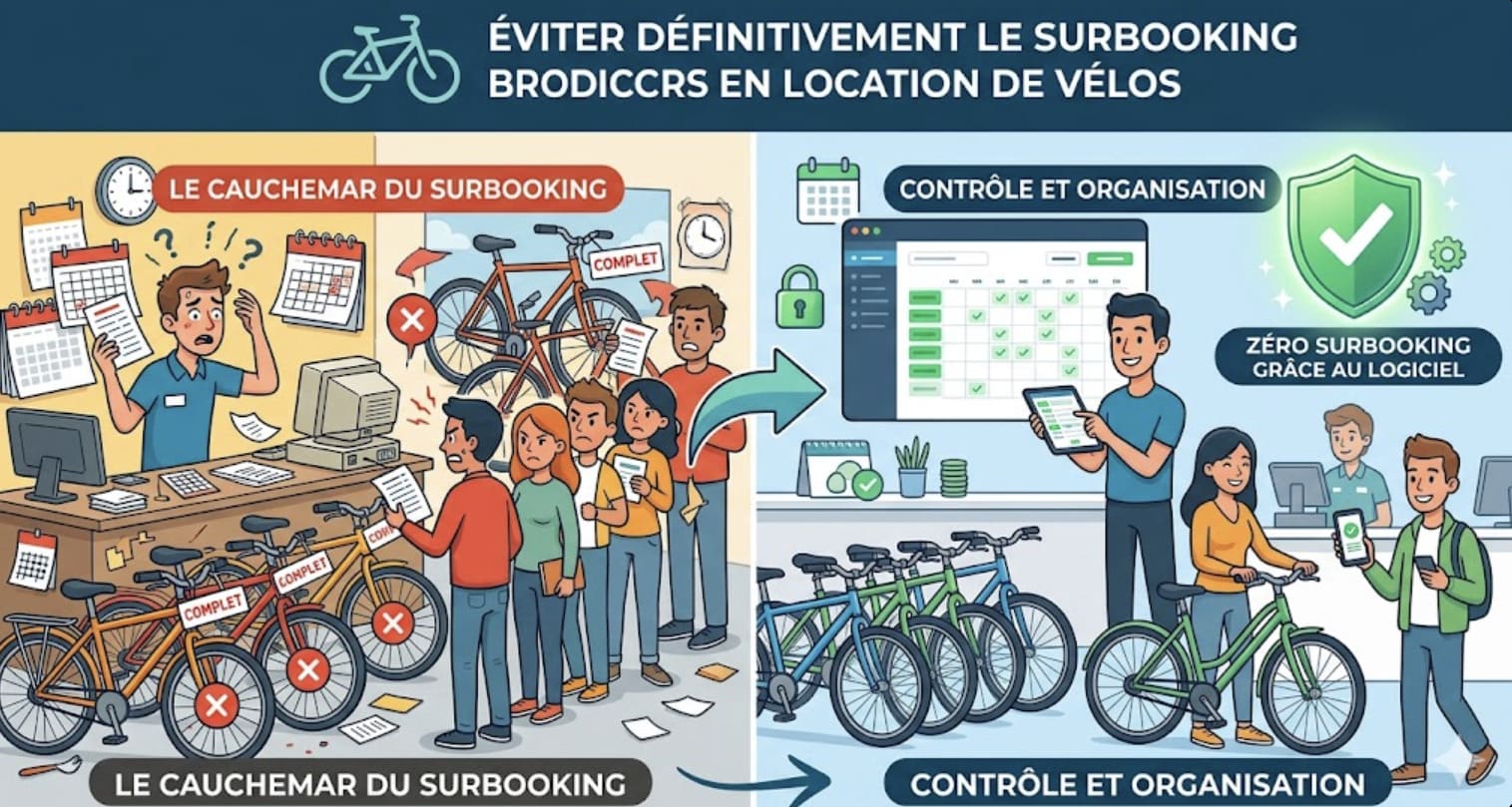 Planning de location de vélos montrant un conflit de réservation surbooking