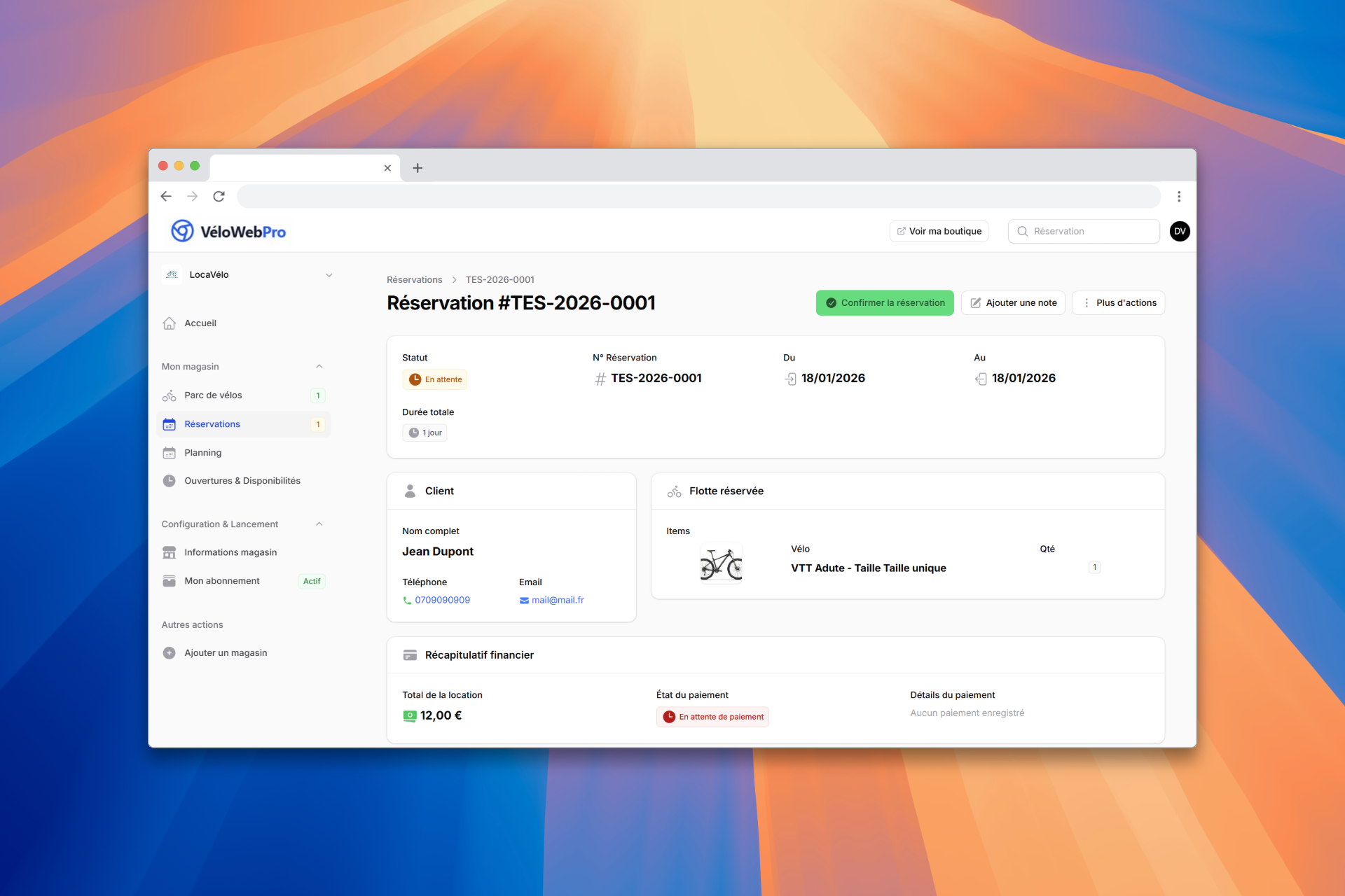 Gestion des commandes et réservations - Interface de suivi VéloWebPro