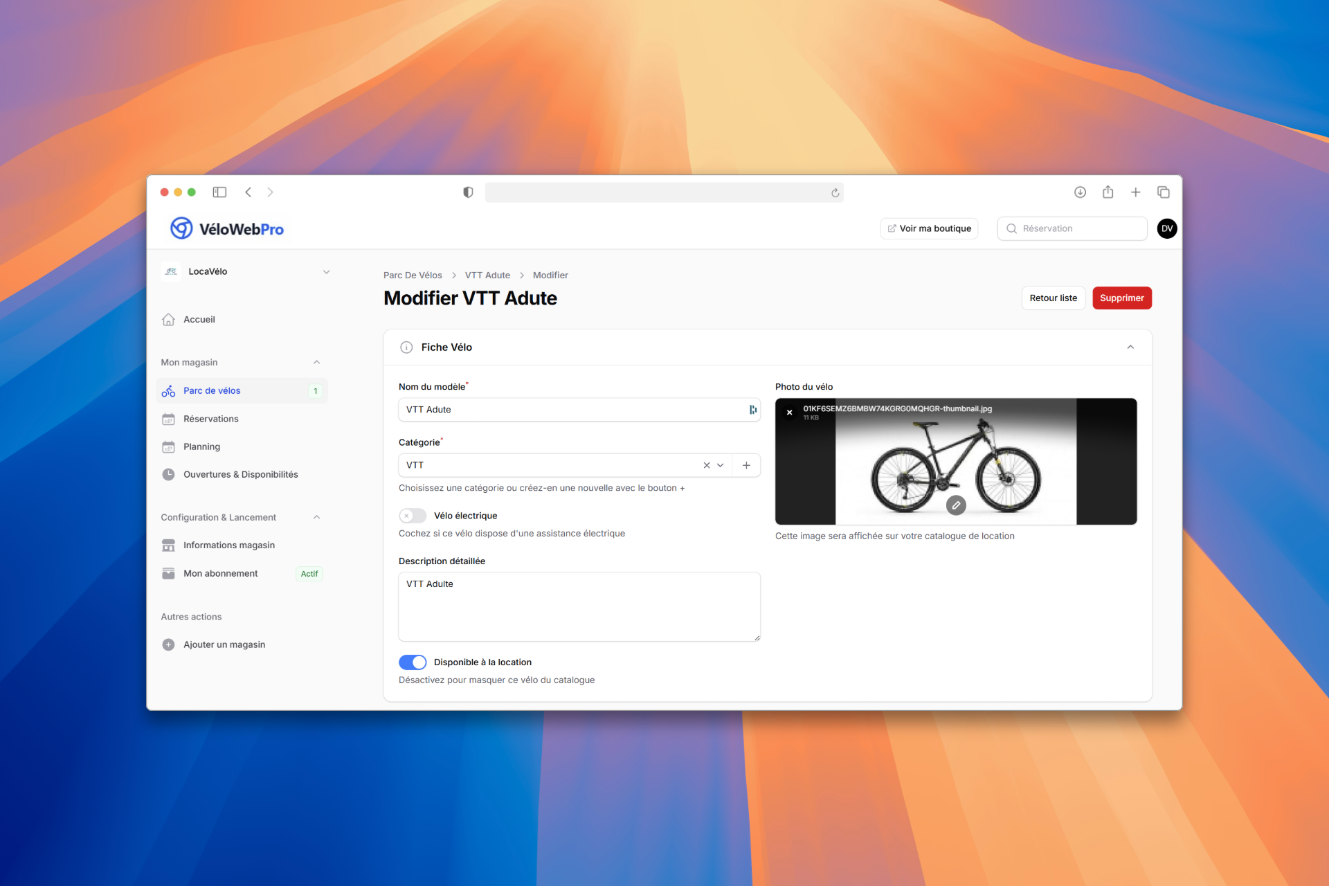 Gestion de flotte de vélos - Catalogue et inventaire VéloWebPro